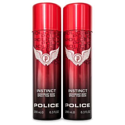 Two 200 ml cans of Police Instinct Deodorant Spray for Men are placed side by side against a white background.