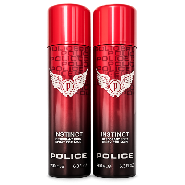 Two 200 ml cans of Police Instinct Deodorant Spray for Men are placed side by side against a white background. Two 200 ml cans of Police Instinct Deodorant Spray for Men are placed side by side against a white background.