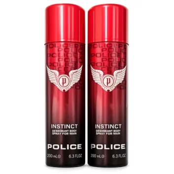 Two 200 ml cans of Police Instinct Deodorant Spray for Men are placed side by side against a white background.