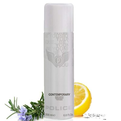 A set of two white spray bottles labeled "Police Contemporary Deodorant Spray for Men, 200ml," displayed with rosemary, a lemon half, and black seeds nearby.