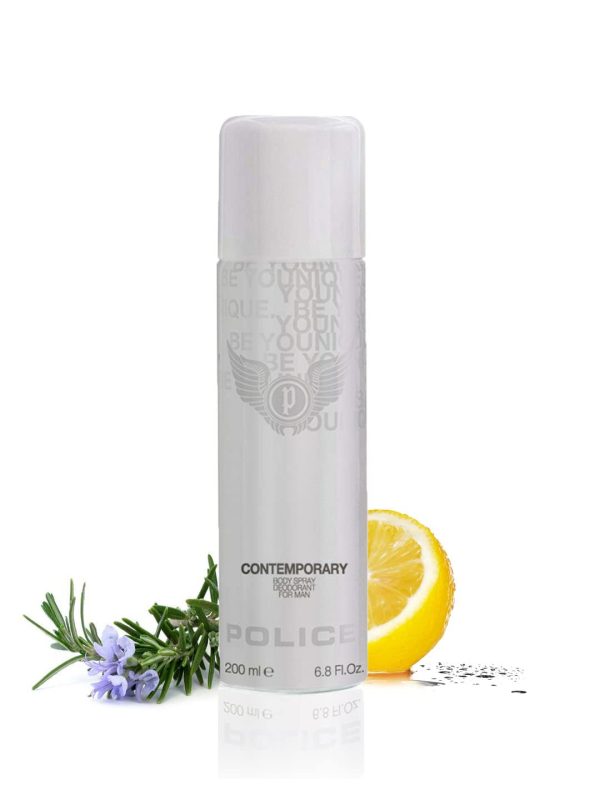 A set of two white spray bottles labeled "Police Contemporary Deodorant Spray for Men, 200ml," displayed with rosemary, a lemon half, and black seeds nearby.