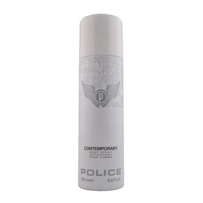 Two white cylindrical cans of Police Contemporary Deodorant Spray for Men, 200ml each, featuring gray text and logo on the front.
