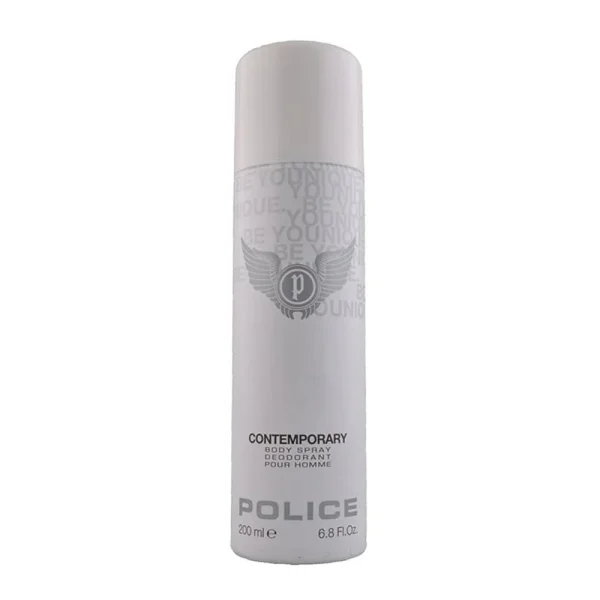 Two white cylindrical cans of Police Contemporary Deodorant Spray for Men, 200ml each, featuring gray text and logo on the front.