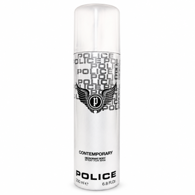 A 200ml can of Police Contemporary Deodorant Spray for Men, featuring a silver design with a winged emblem and black text.