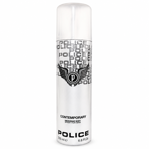 A 200ml can of Police Contemporary Deodorant Spray for Men, featuring a silver design with a winged emblem and black text. A 200ml can of Police Contemporary Deodorant Spray for Men, featuring a silver design with a winged emblem and black text.