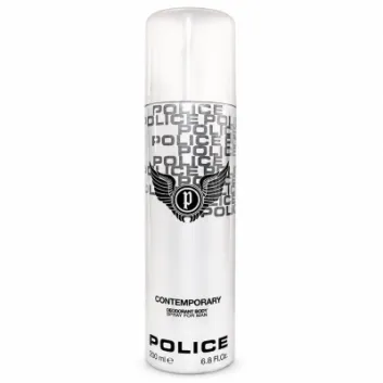 A 200ml can of Police Contemporary Deodorant Spray for Men, featuring a silver design with a winged emblem and black text.