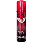 A 200ml can of Police Instinct Deodorant Spray for Men, featuring a red gradient design and a winged logo on the front.