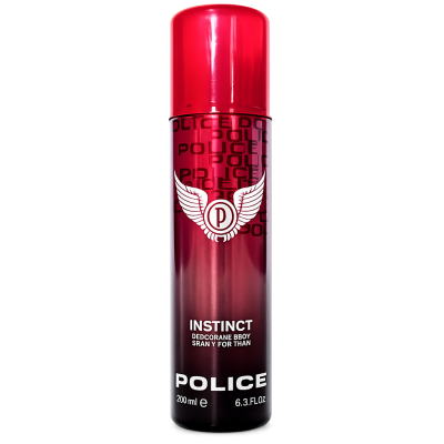 A 200ml can of Police Instinct Deodorant Spray for Men, featuring a red gradient design and a winged logo on the front.