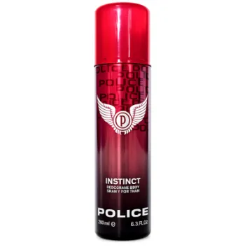 A 200ml can of Police Instinct Deodorant Spray for Men, featuring a red gradient design and a winged logo on the front.