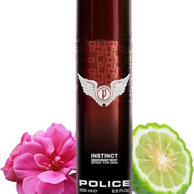 A pack of 2 Police Instinct Deodorant Sprays for Men, 200ml each, with a pink flower and a green bergamot fruit beside them.