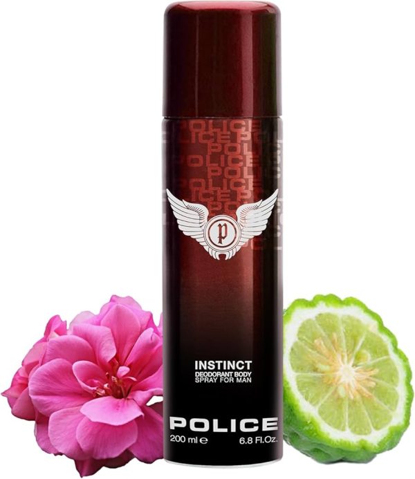 A pack of 2 Police Instinct Deodorant Sprays for Men, 200ml each, with a pink flower and a green bergamot fruit beside them.