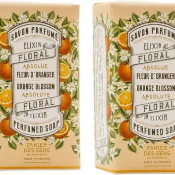 Two boxes of Panier des Sens Savon Parfume Orange Blossom Perfumed Bar of Soap, featuring floral and orange-themed packaging.