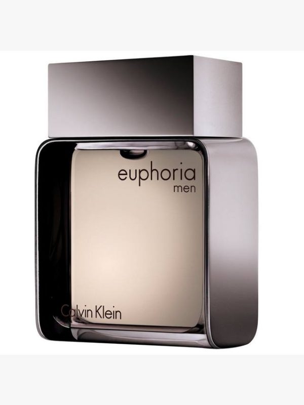 A 100ml bottle of Calvin Klein Euphoria for Men Eau de Toilette (EDT) with a metallic cap, reflective surface, and the brand and product name displayed on the front. A 100ml bottle of Calvin Klein Euphoria for Men Eau de Toilette (EDT) with a metallic cap, reflective surface, and the brand and product name displayed on the front.