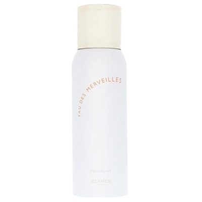 A set of two Hermès Eau des Merveilles Deodorant Spray 150ml cans, featuring a white design with light beige caps and minimalist labels.