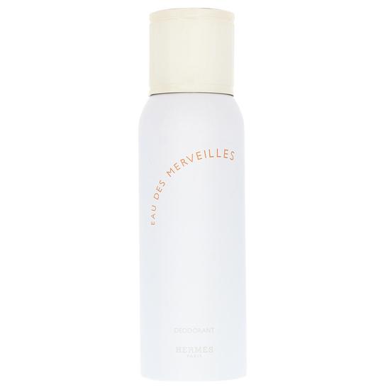 A set of two Hermès Eau des Merveilles Deodorant Spray 150ml cans, featuring a white design with light beige caps and minimalist labels.