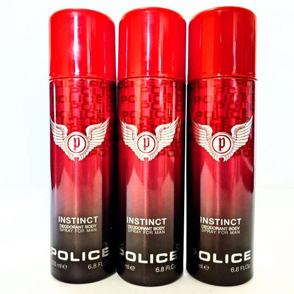Three upright cans of 3x Police Instinct Deodorant Spray for Men, 200ml each, are arranged side by side against a white background.