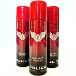Three cans of 3x Police Instinct Deodorant Spray for Men, 200ml, featuring black-red gradient packaging and red caps, are arranged upright on a white background.
