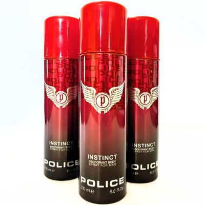 Three cans of 3x Police Instinct Deodorant Spray for Men, 200ml, featuring black-red gradient packaging and red caps, are arranged upright on a white background.