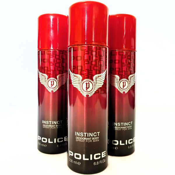 2025/07/1000062108-scaled.jpg Three cans of 3x Police Instinct Deodorant Spray for Men, 200ml, featuring black-red gradient packaging and red caps, are arranged upright on a white background.