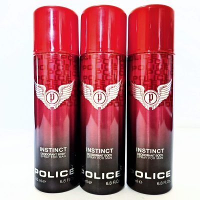 Three 200ml cans of Police Instinct Deodorant Spray for Men are shown upright side by side against a white background.