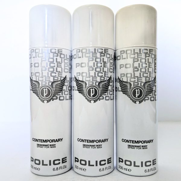 Three 200ml cans of Police Contemporary Deodorant Spray for Men are arranged side by side against a plain white background.