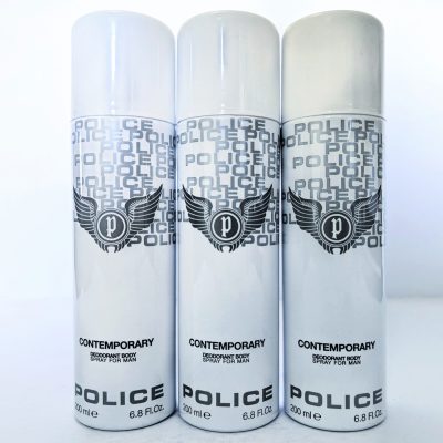Three 200ml cans of Police Contemporary Deodorant Spray for Men are arranged side by side against a plain background.