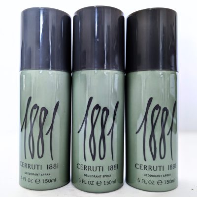 Three 150ml cans of Cerruti 1881 Pour Homme Deodorant Spray for Men stand upright side by side against a white background.