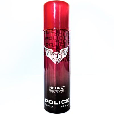 Three upright cans of Police Instinct Deodorant Spray for Men, 200ml each, are shown against a white background.
