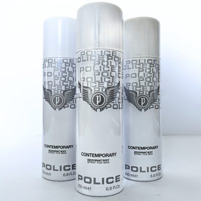Three 200ml bottles of 3x Police Contemporary Deodorant Spray for Men are arranged upright against a white background.