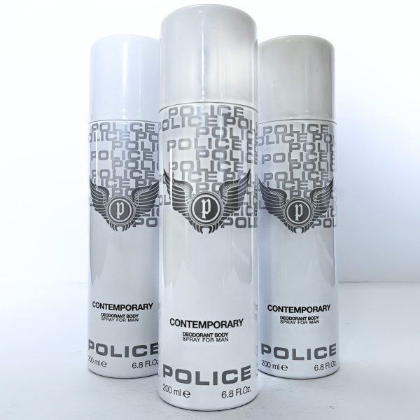 Three 200ml bottles of 3x Police Contemporary Deodorant Spray for Men are arranged upright against a white background.