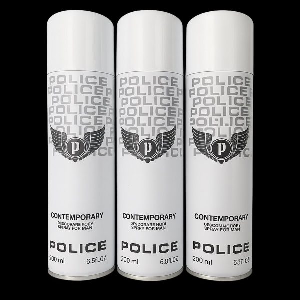 Three 200ml cans of Police Contemporary Deodorant Spray for Men are lined up against a black background.