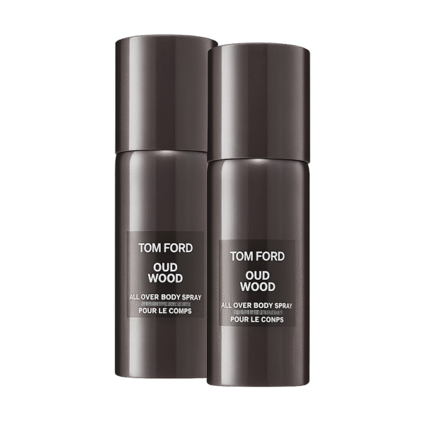 Two identical black cylindrical bottles labeled "2x Tom Ford Private Blend Oud Wood Body Spray 150ml" stand side by side against a white background.