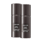 Two identical black cylindrical bottles labeled 