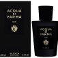 Acqua di Parma Oud Shower Gel, 200ml boxed, features a black bottle and box with gold lettering and a decorative crest on both.
