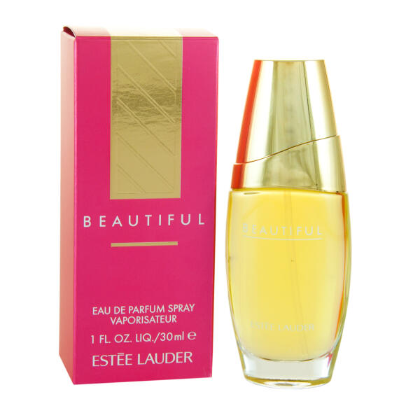 Estee Lauder Beautiful Eau de Parfum 30ml Spray for Her is displayed beside its pink and gold packaging.