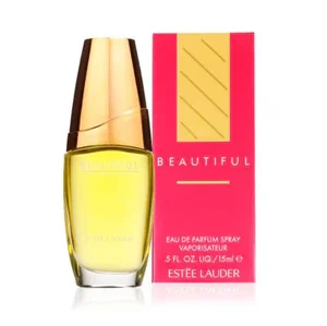 An Estee Lauder Beautiful Eau de Parfum 30ml Spray for Her is displayed beside its pink and gold box.