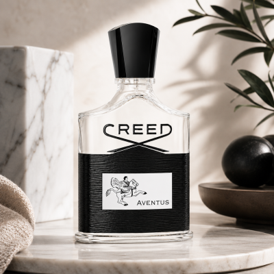 A bottle of Creed Aventus Eau de Parfum EDP 100ml Spray for Men, featuring a clear glass design with a black label and cap, is displayed on a marble surface next to a plant and a bowl.