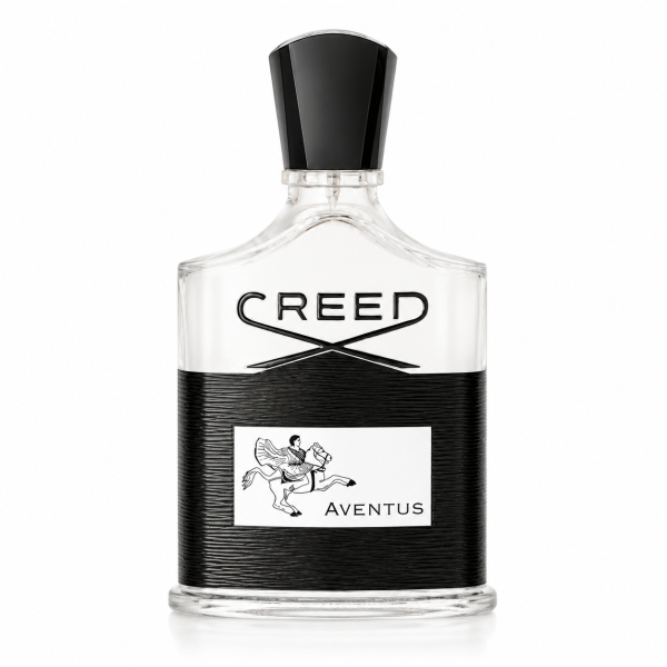 A clear glass bottle of Creed Aventus Eau de Parfum EDP 100ml Spray for Men featuring a black cap, a black textured band, and a white label adorned with an illustration of a horseback rider.