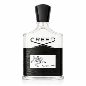 A clear glass bottle of Creed Aventus Eau de Parfum EDP 100ml Spray for Men featuring a black cap, a black textured band, and a white label adorned with an illustration of a horseback rider.