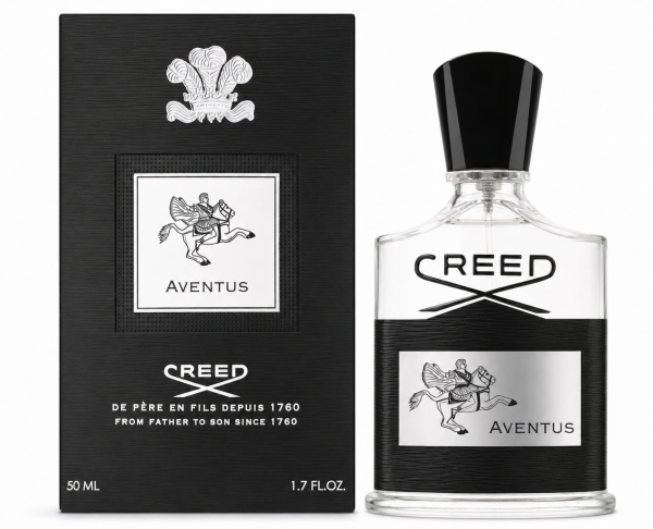 A Creed Aventus Eau de Parfum EDP 50ml Spray for Men bottle and its black box are displayed side by side, each adorned with a silver label featuring a horse and rider illustration.