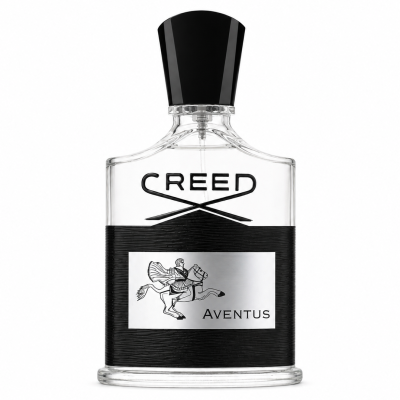A 50ml clear glass bottle of Creed Aventus Eau de Parfum Spray for Men, featuring a black cap and a silver label with an embossed horse and rider design.