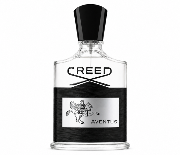 A 50ml clear glass bottle of Creed Aventus Eau de Parfum Spray for Men, featuring a black cap and a silver label with an embossed horse and rider design.