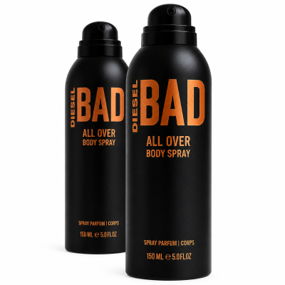 Two black bottles of Diesel Bad Body Spray for Men, each 200 ml, featuring bold orange lettering on the front and black spray tops, are displayed against a white background.