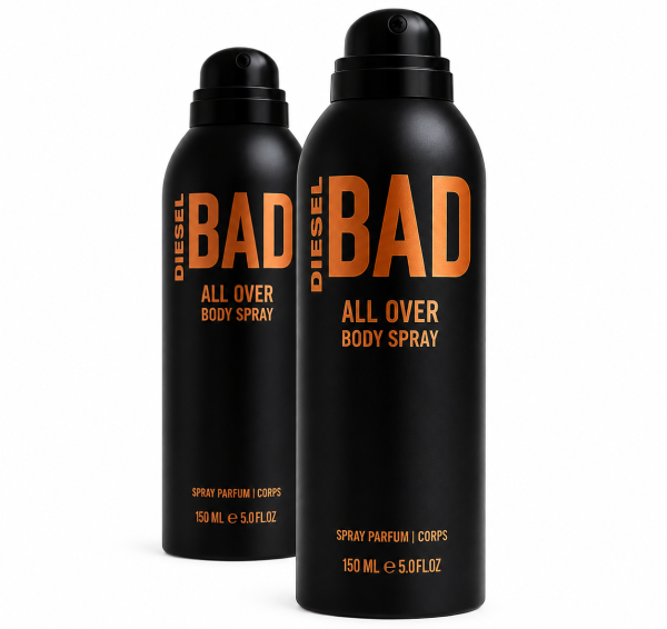Two black bottles of Diesel Bad Body Spray for Men, each 200 ml, featuring bold orange lettering on the front and black spray tops, are displayed against a white background. Two black bottles of Diesel Bad Body Spray for Men, each 200 ml, featuring bold orange lettering on the front and black spray tops, are displayed against a white background.