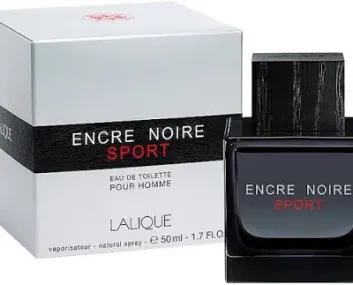 A bottle and box of Lalique Encre Noire Sport EDT for Men, 100ml, both featuring the product name in black and red text.