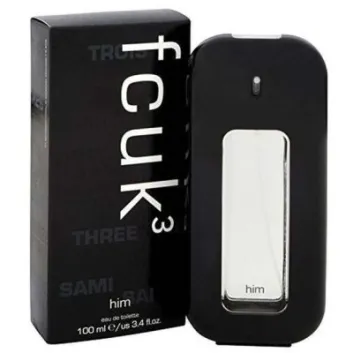 Three bottles of FCUK 3 EDT 100ml Spray for Men are displayed beside their black packaging boxes featuring bold white text.
