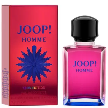 A bottle of Joop! Homme Neon Edition EDT for Men, 75ml is shown beside its matching red and blue box.