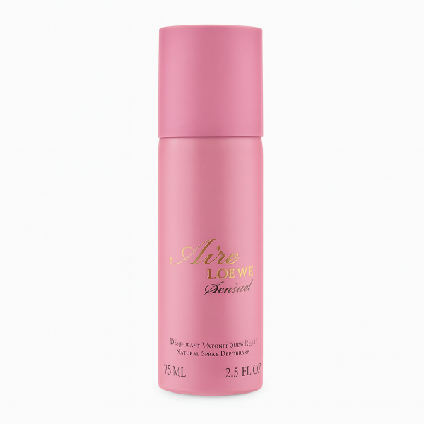 A set of two 75ml pink spray bottles labeled "2x Loewe Aire Loewe Sensual Deodorant Spray for Her," featuring gold and white text. A set of two 75ml pink spray bottles labeled "2x Loewe Aire Loewe Sensual Deodorant Spray for Her," featuring gold and white text.