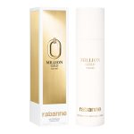 Two white and gold bottles of Paco Rabanne Million Gold for Her Deodorant Spray 150ml are displayed beside their matching rectangular boxes.