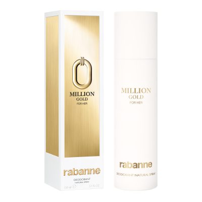 Two white and gold bottles of Paco Rabanne Million Gold for Her Deodorant Spray 150ml are displayed beside their matching rectangular boxes.